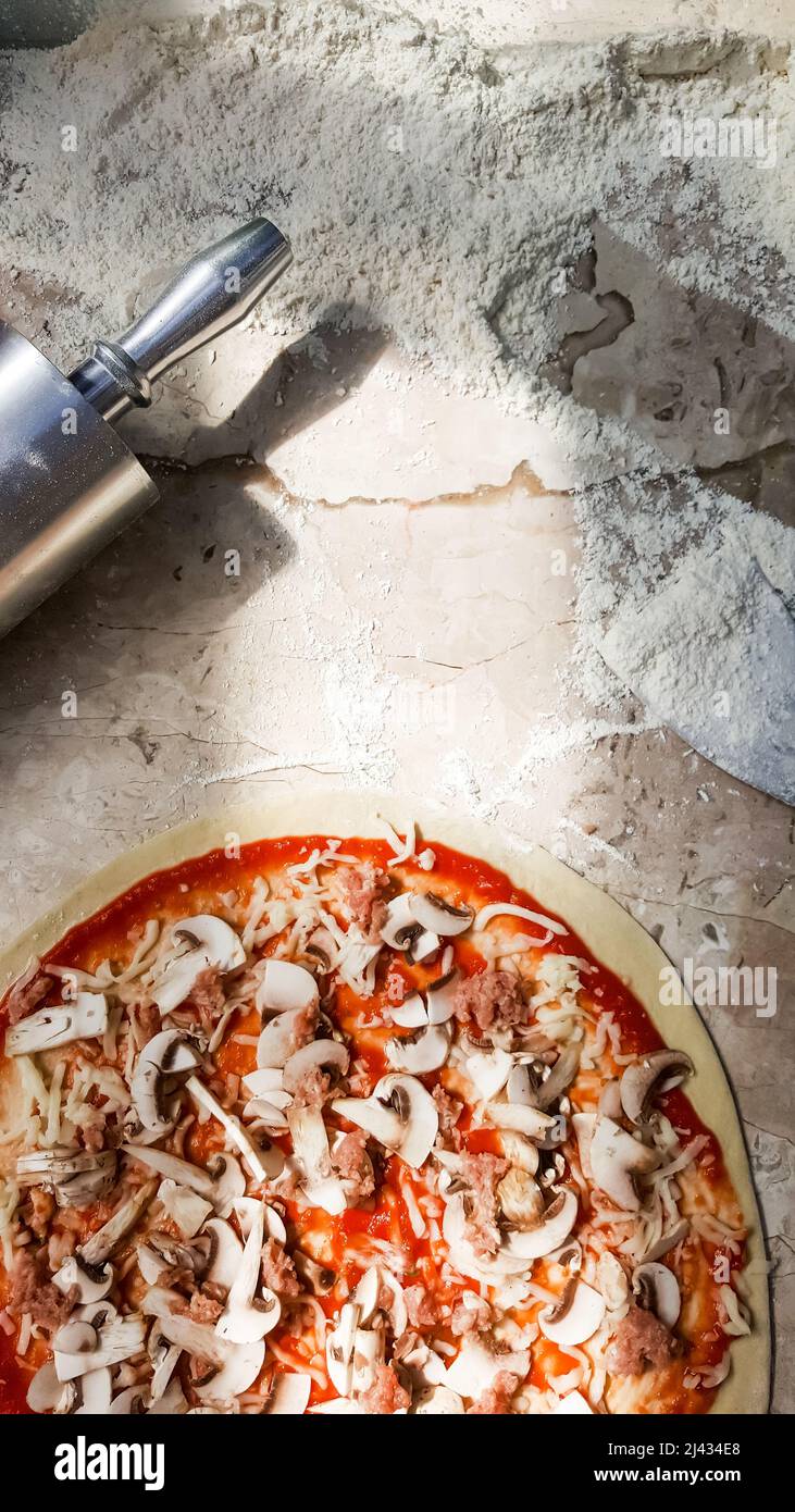 Künstlerisches Foto bei der Herstellung einer hausgemachten italienischen Pizza Stockfoto