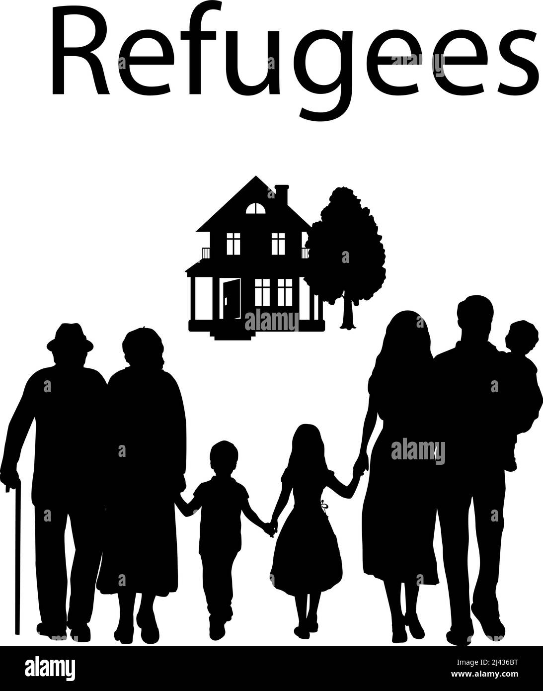 Die Silhouette einer Flüchtlingsfamilie wandert. Stock Vektor