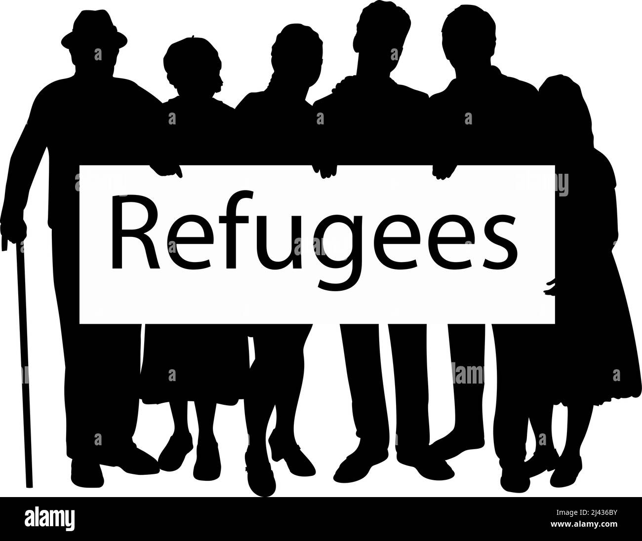 Silhouette Familie hält Plakat Flüchtlinge. Stock Vektor