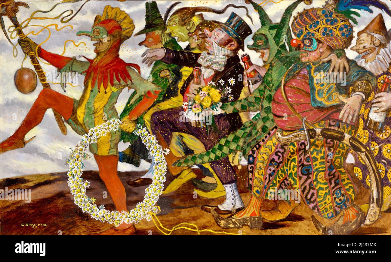 Carl Strathmann - die Maskierte Karnevalsprozession - Karnevalsparade mit witzigen, skurrilen Charakteren auf dem Weg zu wem weiß wo - 1913 Stockfoto