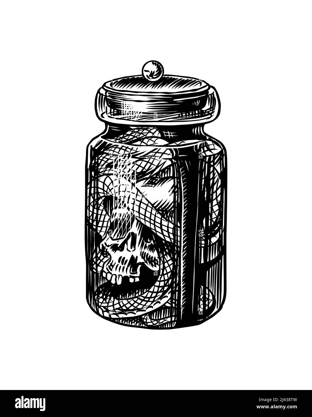 Eine Schlange mit einem Schädel in einem Gefäß. Hexengift. Obskure esoterische Ikone. Skizze mit Vintage-Gravur. Doodle-Übersicht. Handzeichnung. Vektorgrafik. Stock Vektor