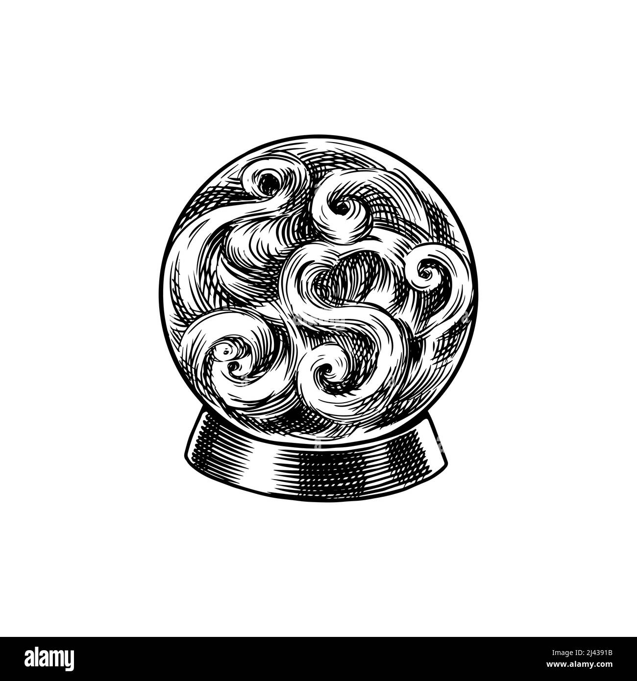 Bohemian esoteric magische Kugel Skizze. Vintage Gravur mystisches okkultes Element im Boho-Stil. Doodle-Übersicht. Handzeichnung. Vektorgrafik. Stock Vektor