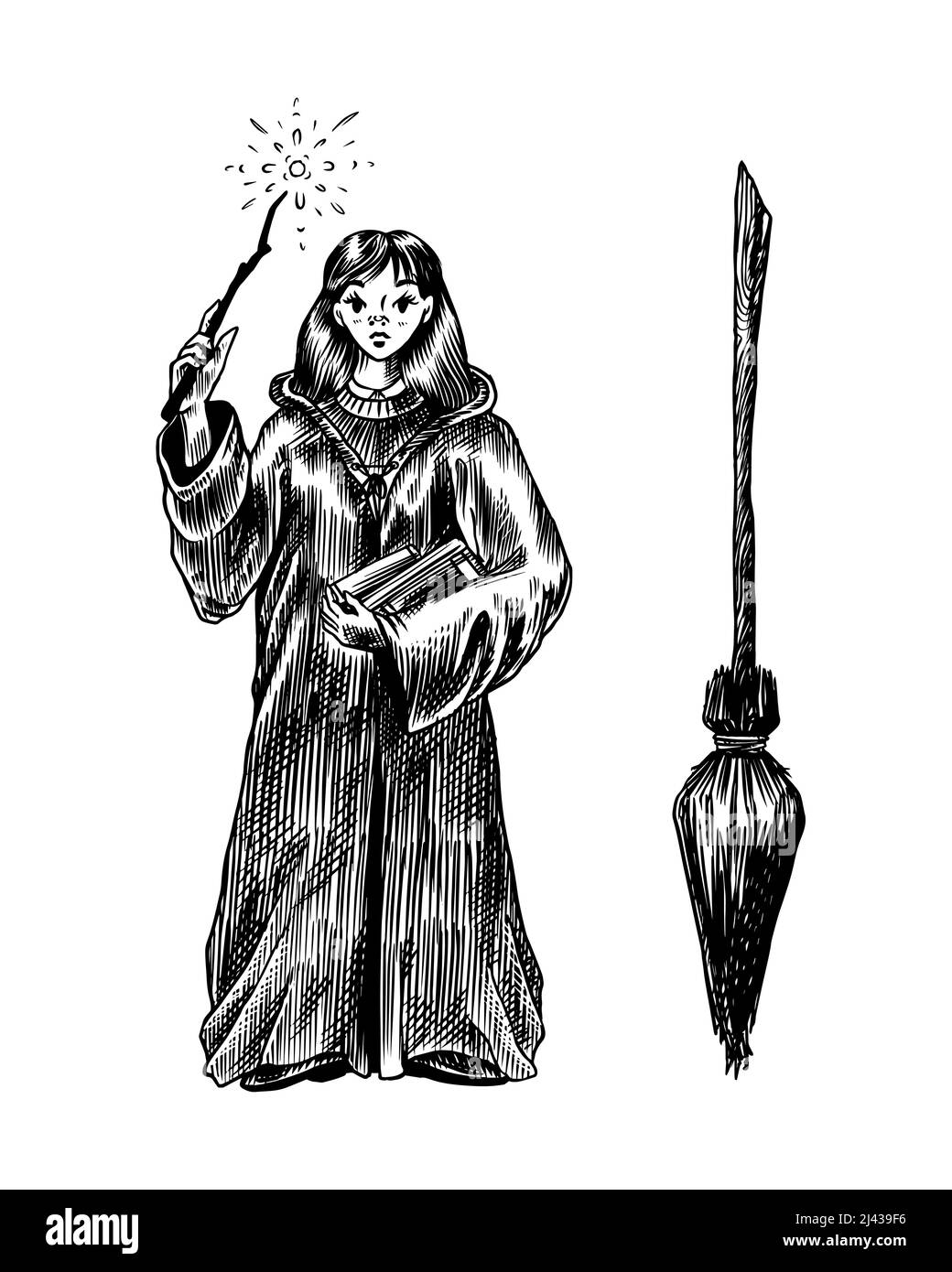 Schöne kleine Hexe im Mantel. Fee oder Zauberin. Skizze mit Vintage