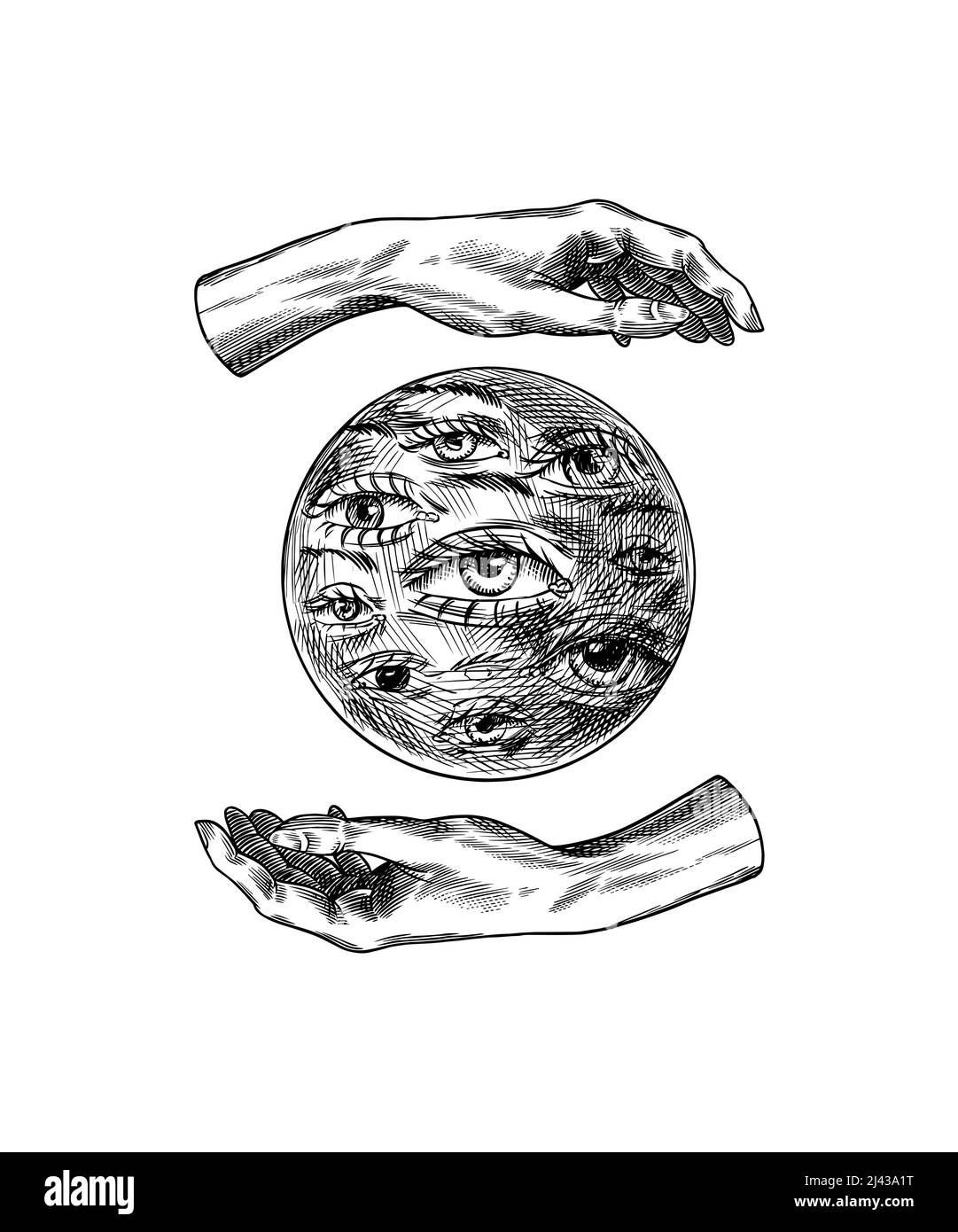 Bohemian Magic Ball mit Augen Skizze. Glückshände. Vintage Gravur Mystisches esoterisches okkultes Element im Boho-Stil. Doodle-Übersicht. Handzeichnung Stock Vektor