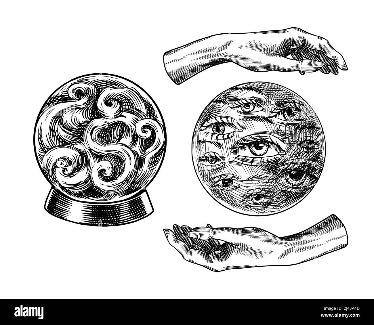 Bohemian Magic Ball mit Augen Skizze. Glückshände. Vintage Gravur Mystisches esoterisches okkultes Element im Boho-Stil. Doodle-Übersicht. Handzeichnung Stock Vektor