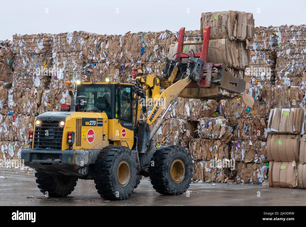 Schwere Maschinen, die in einer industriellen Recyclinganlage mit Recyclingpapier arbeiten. Stockfoto