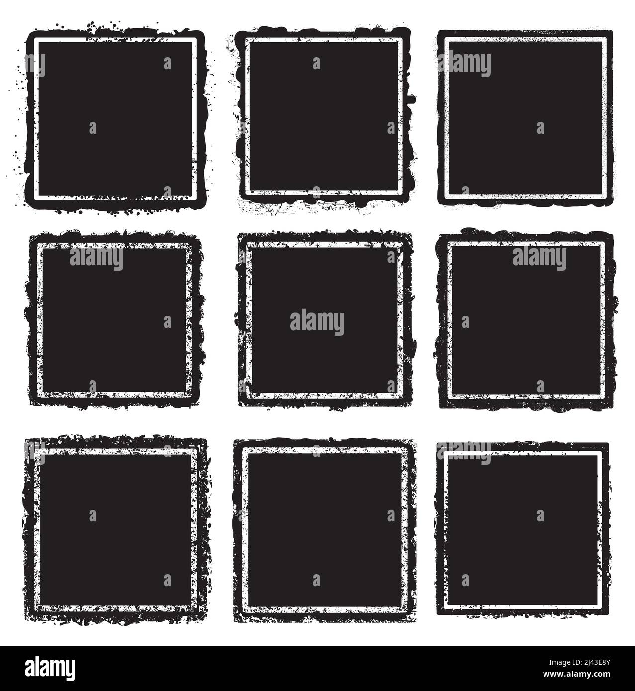 Set aus neun grunge quadratischen weißen Rahmen auf schwarzem Hintergrund Stock Vektor