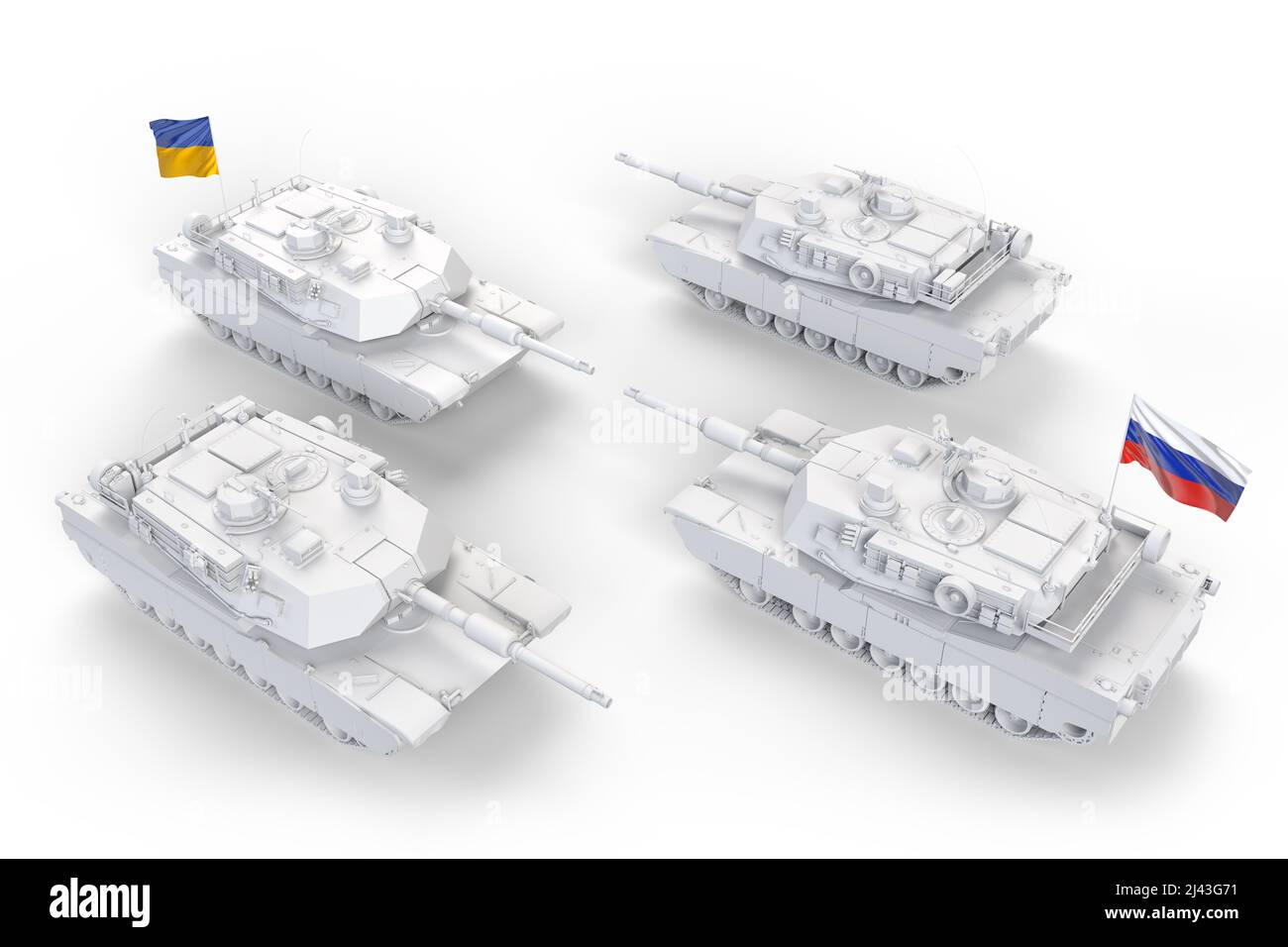 Russische Panzer gegen Ukrainer. Militärischer Aggressionskonflikt. 3D Rendering Stockfoto