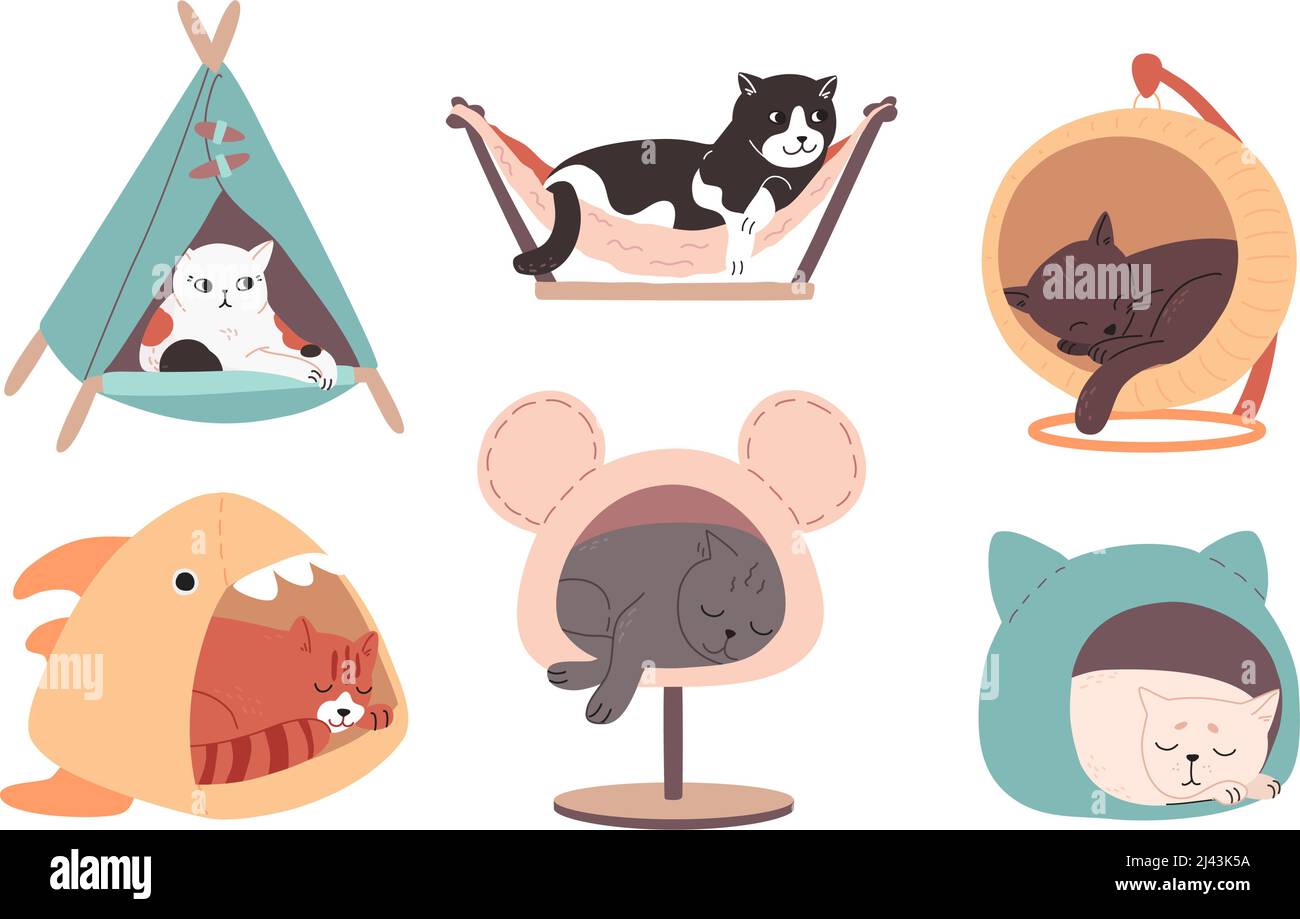 Mehrfarbige Katzen verschiedener Rassen ruhen in Katzenhäusern. Müde entzückende Kätzchen schlafen in Haustierbetten. Lustige Tiere in einem flachen Stil gezeichnet. Farbvektordarstellung, Doodle isoliert auf Weiß gesetzt Stock Vektor