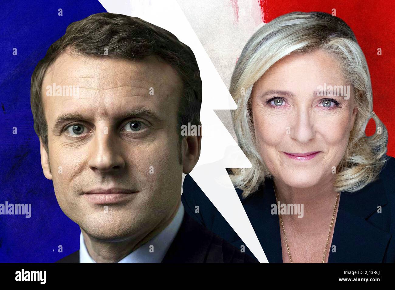 Emmanuel Macron und Marine Le Pen mit der französischen Flagge Stockfoto