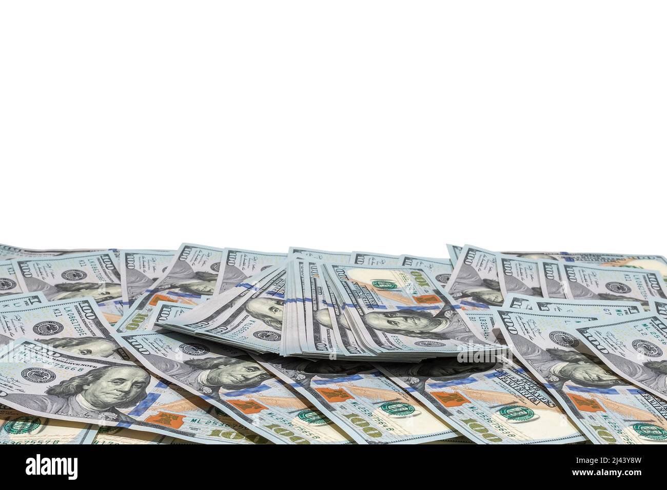US-Dollar-Rechnung auf weißem Hintergrund. Bargeldgeld in US-Dollar. Stockfoto