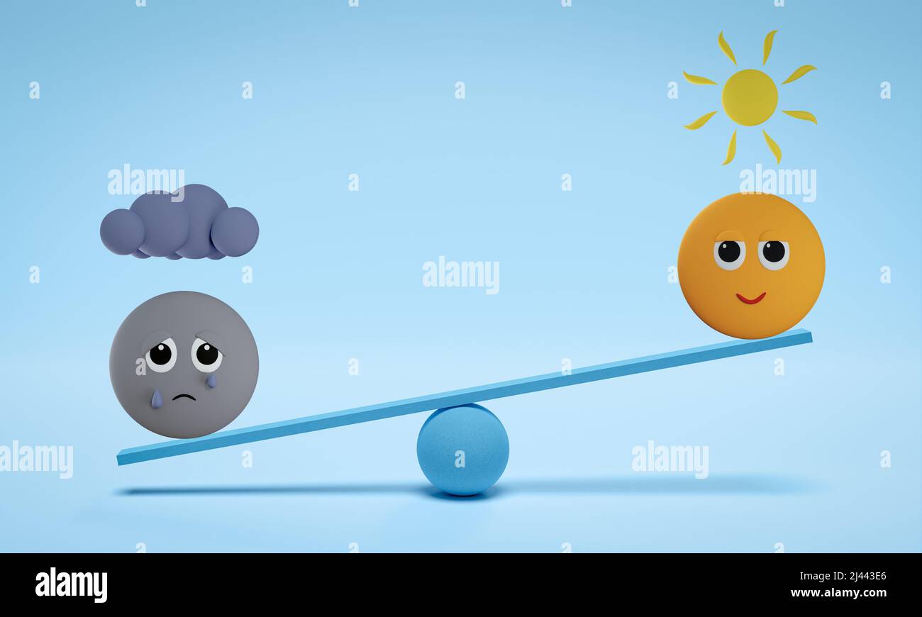 Glückliches und trauriges Lebensgefühl, sonniges glückliches Emoticon und trauriges Emoji unter einer Wolke auf Balance, psychische Gesundheit, Wellness-Konzept, 3D Illustration Stockfoto