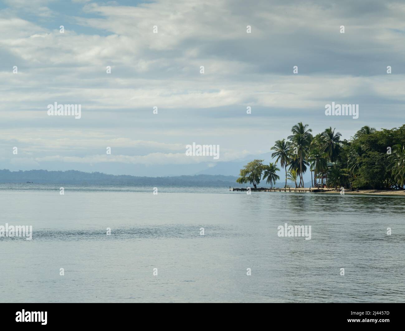 Tropische Inselszene mit Palmen, Meer, Himmel und fernen Hügeln. Stockfoto