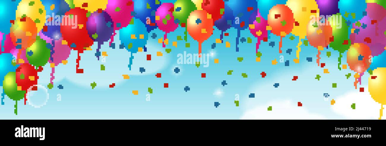 Dekoratives Element mit hängenden Luftballons. Für Grußkarten, Poster, Banner, Broschüren und Broschüren. Stock Vektor