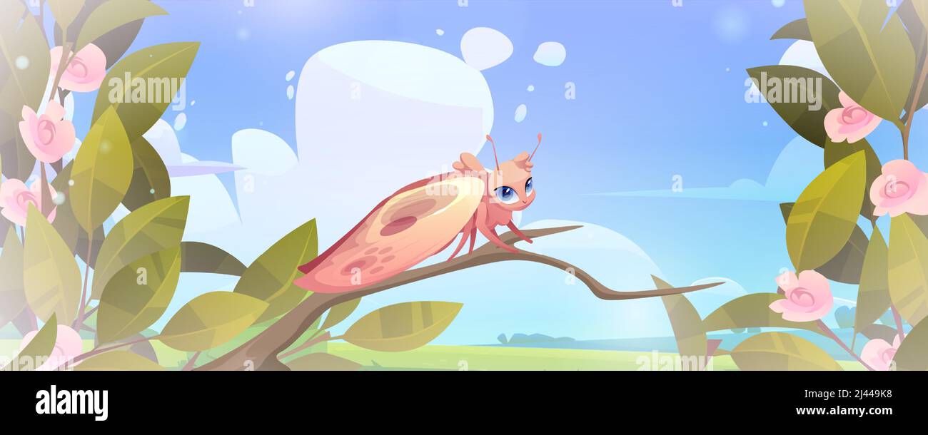 Natur im Frühling oder Sommer mit Schmetterlingscharakter auf Baum mit Blumen. Vektor-Cartoon-Illustration von grünen Wiese Landschaft und niedlichen schönen Motte auf Rosenbusch Zweig Stock Vektor