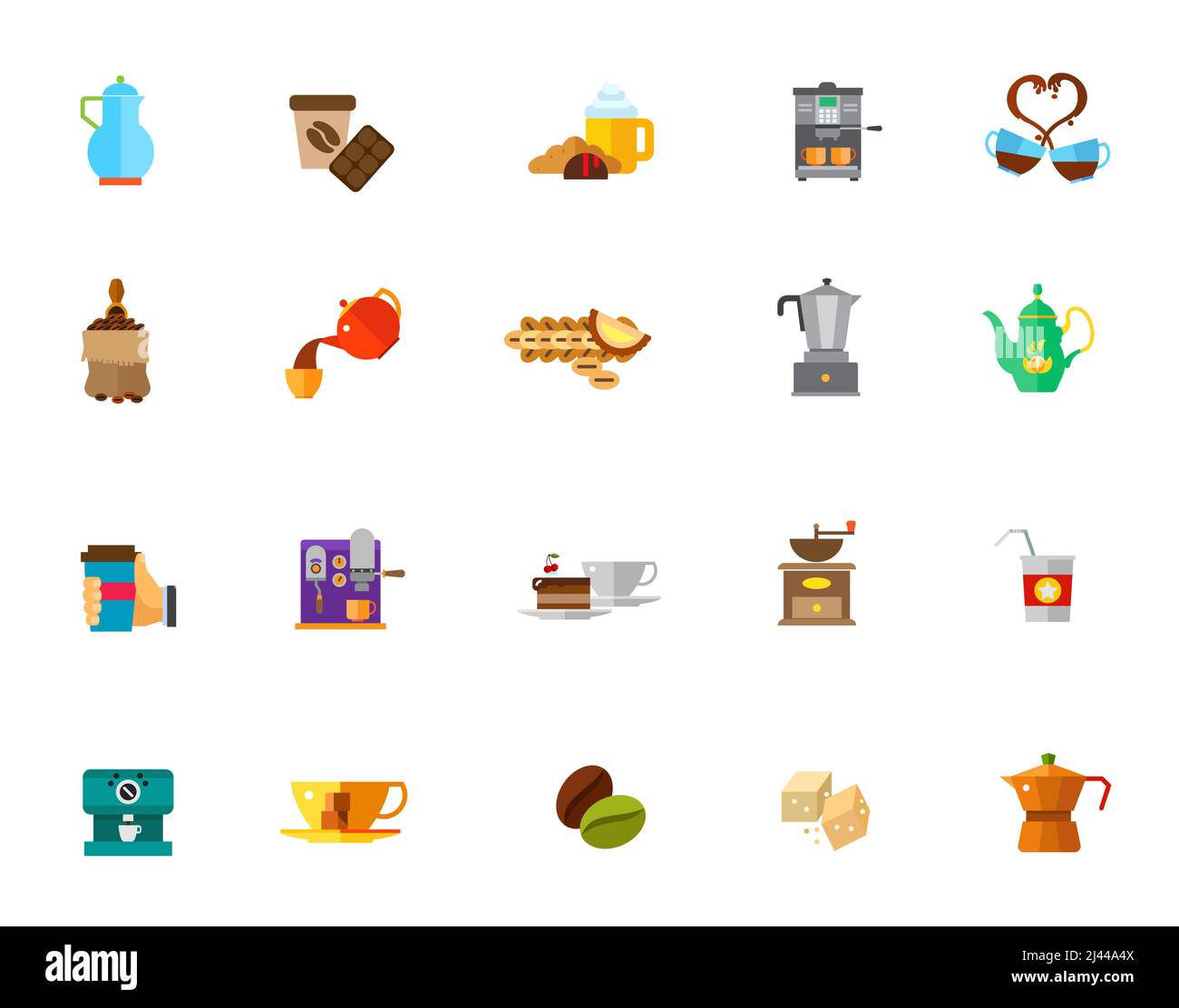 Symbol für Kaffeestzeit eingestellt. Kaffee Bohne Hand Holding Heißen Kaffee Espresso Kaffeemaschine Kaffeemühle Zucker Maschine Tasse Gießen Teekannen Liebe Schokolade Frühstück Stock Vektor