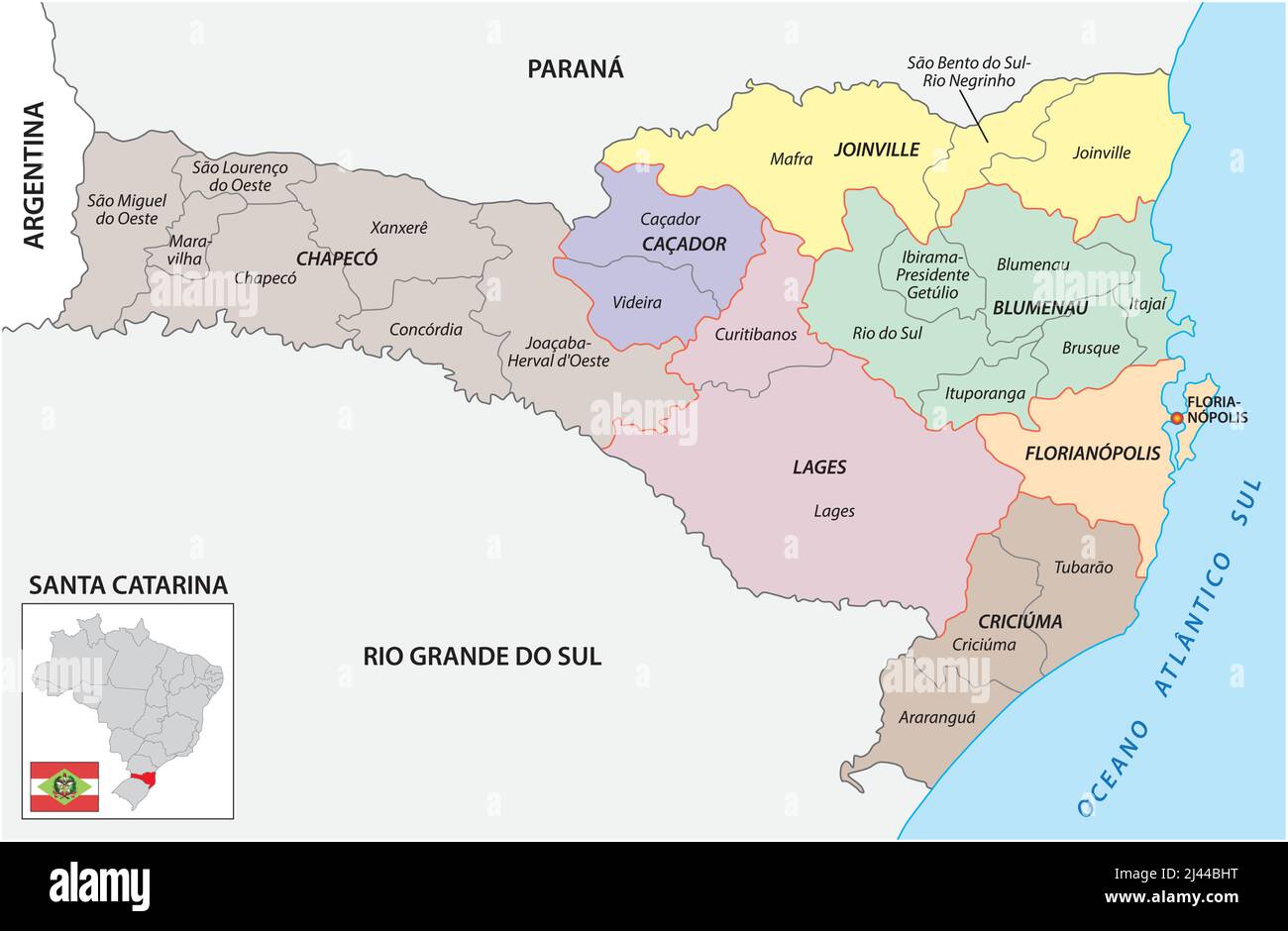 Karte der zentralen und unmittelbaren geographischen Regionen von Santa Catarina, Brasilien Stock Vektor