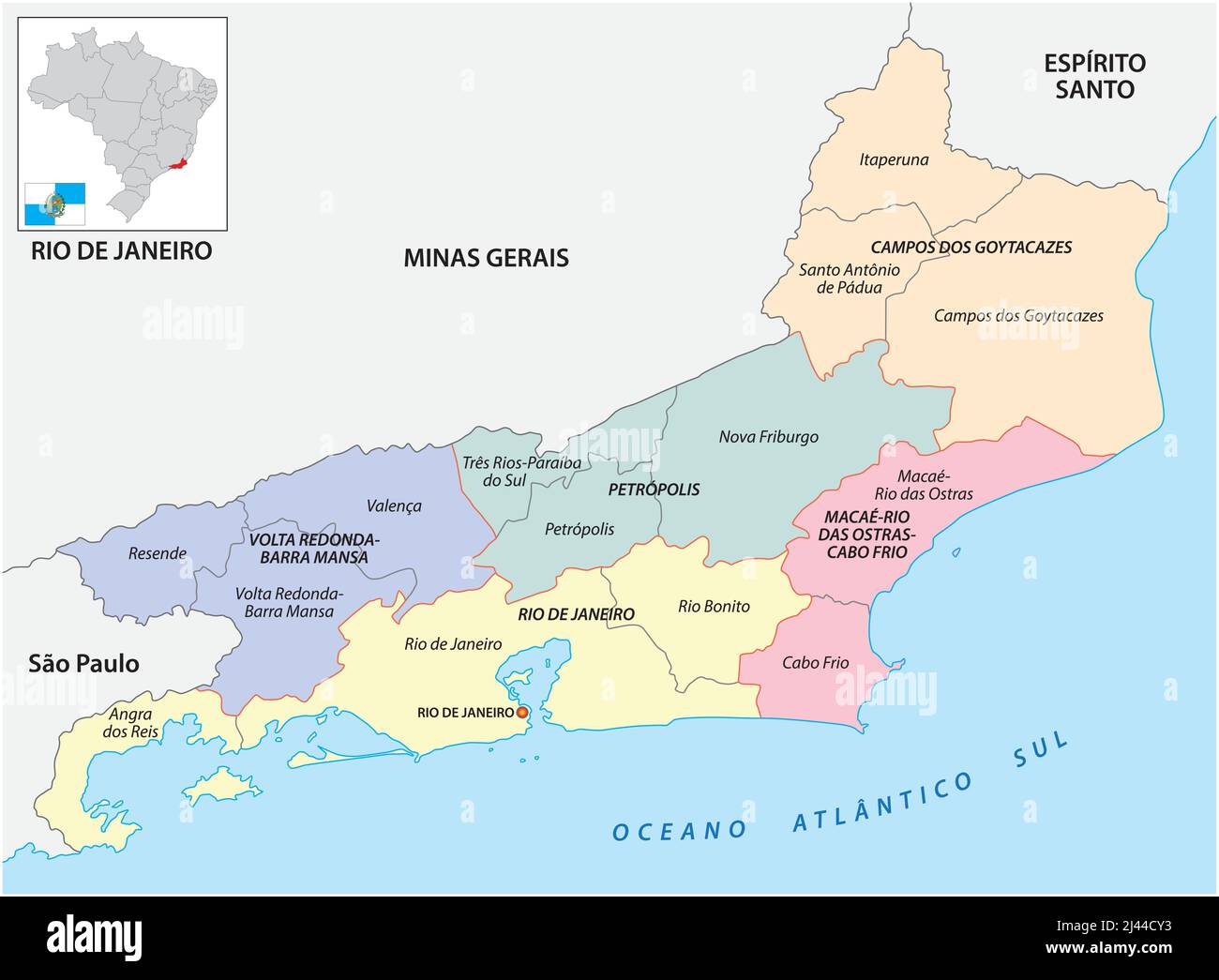 Karte der zentralen und unmittelbaren geographischen Regionen von Rio de Janeiro, Brasilien Stock Vektor