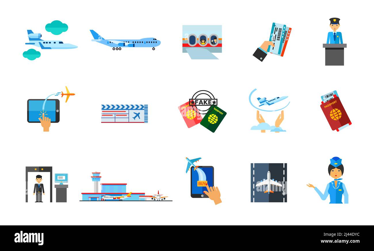 Symbol für Auslandsreisen eingestellt. Jet-Flugzeug Fenster Flugzeug-Tickets Zoll Official Kauf Tickets Online-Pass Flugversicherung Sicherheit Check Flughafen T Stock Vektor