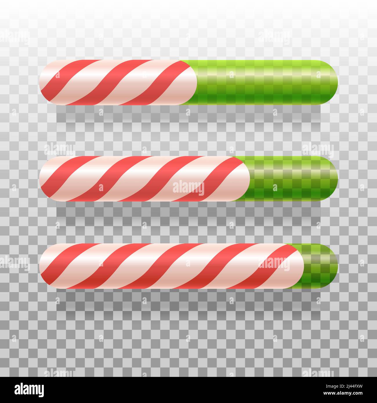 Vektor-Illustration von drei Candy-Cane-Fortschrittsbalken. Beladung, Zuckerstand, Indikator. Weihnachtskonzept. Kann für Grußkarten, Poster, Web verwendet werden Stock Vektor