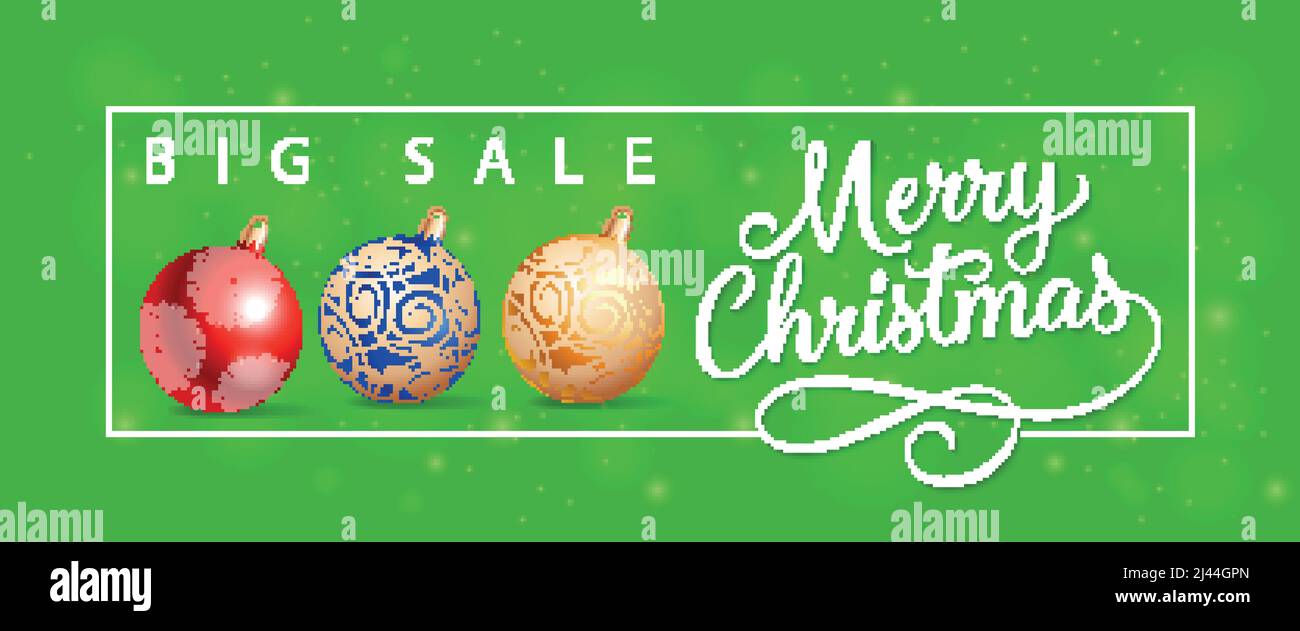 Frohe Weihnachten Big Sale Schriftzug mit drei Kugeln. Handgeschriebener und getippte Text, Kalligraphie. Für Poster, Banner, Broschüren und Broschüren. Stock Vektor