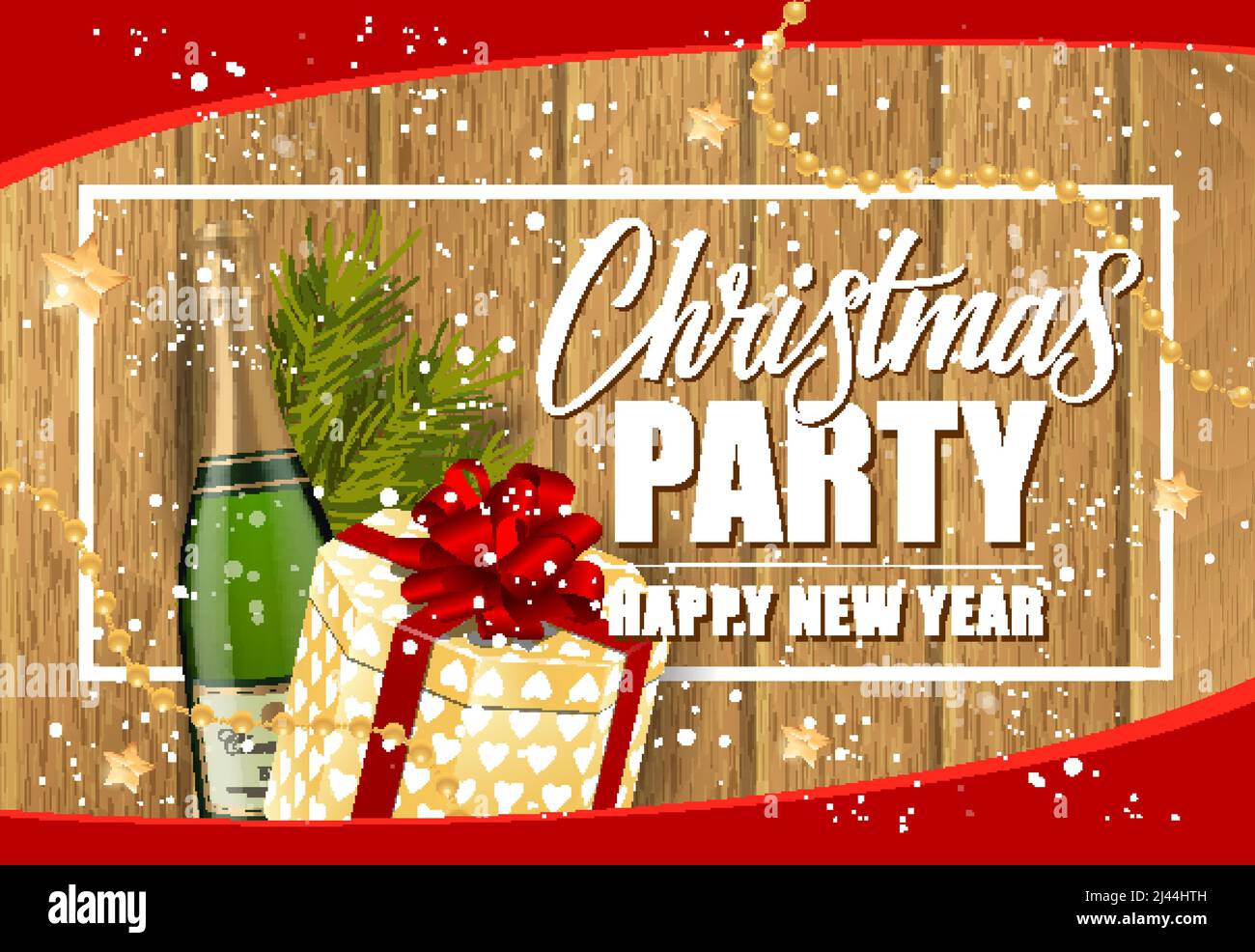 Weihnachtsfeier Happy New Year Schriftzug im Rahmen. Weihnachtseinladung mit Champagner-Flasche und Geschenkbox. Handgeschriebener und getippte Text, Kalligraphie. F Stock Vektor