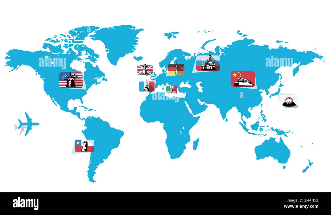 Landmark- und Nationalflaggenkarte der Welt Vektordarstellung Stock Vektor