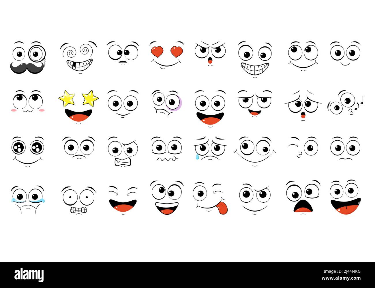 Sammlung von Emoticons mit verschiedenen Stimmung. Satz von Lächeln cartoon emoji Teilflächen auf verschiedene Ausdrücke - fröhlich, traurig, Weinen, Angst, verrückt. Auf weissem backgr Stock Vektor