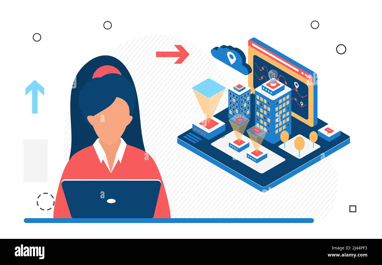 Futuristisches digitales Smart City-Entwicklungsprojekt. Verbesserung von Transport- und Barrierefreiheitsdiensten Stock Vektor