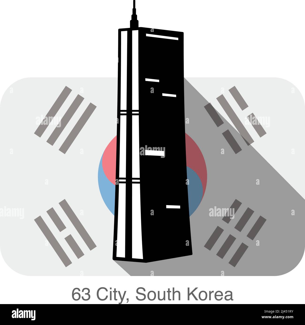 63 City, Südkorea, Wahrzeichen flaches Icon Design, Hintergrund ist Nationalflagge Stock Vektor