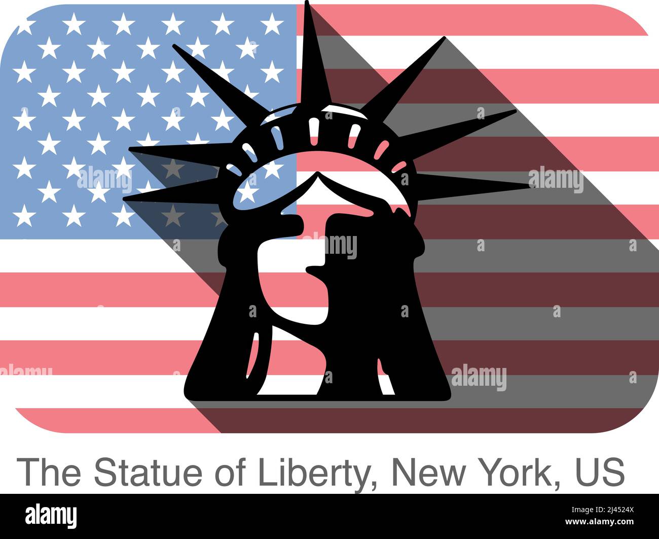 Die Freiheitsstatue, New York, USA, Wahrzeichen flaches Icon-Design, Hintergrund ist amerikanische Nationalflagge, berühmter landschaftlicher Ort Stock Vektor