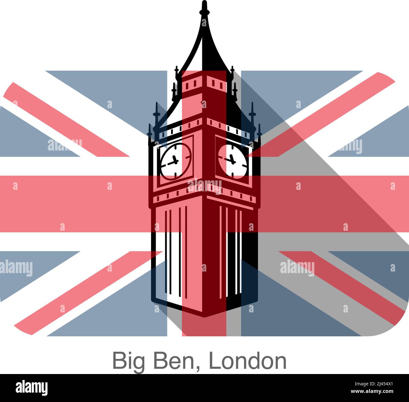 Big Ben, London, Wahrzeichen flache Icon-Design, Hintergrund ist die britische Flagge Stock Vektor