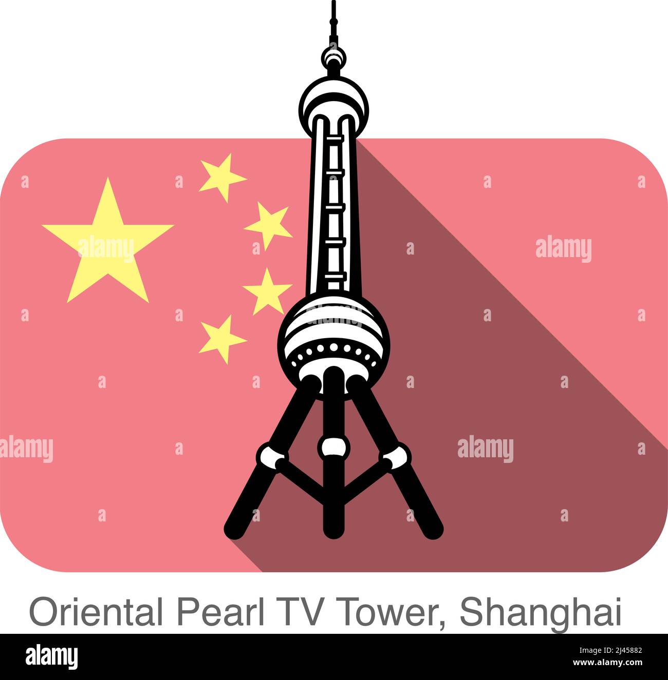 Oriental Pearl TV Tower, Shanghai, Wahrzeichen flaches Icon-Design, Hintergrund ist chinesische Nationalflagge, berühmter landschaftlicher Ort Stock Vektor