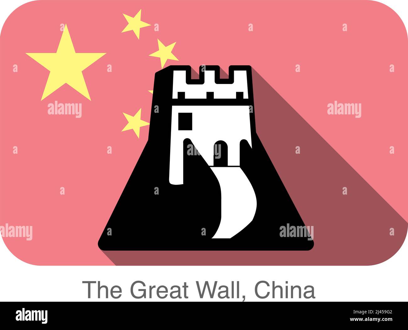 Die große Mauer, China, Wahrzeichen flaches Icon-Design, Hintergrund ist chinesische Nationalflagge Stock Vektor