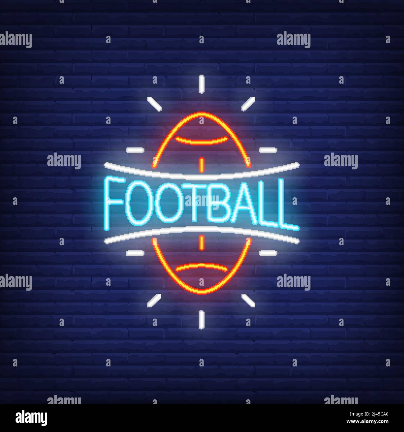 Fußball-Neonschild. Rugby-Ball-Form auf Backstein Wand Hintergrund. Nächtliche Werbung. Vektor-Illustration in Neon-Stil für Sportbar oder online b Stock Vektor