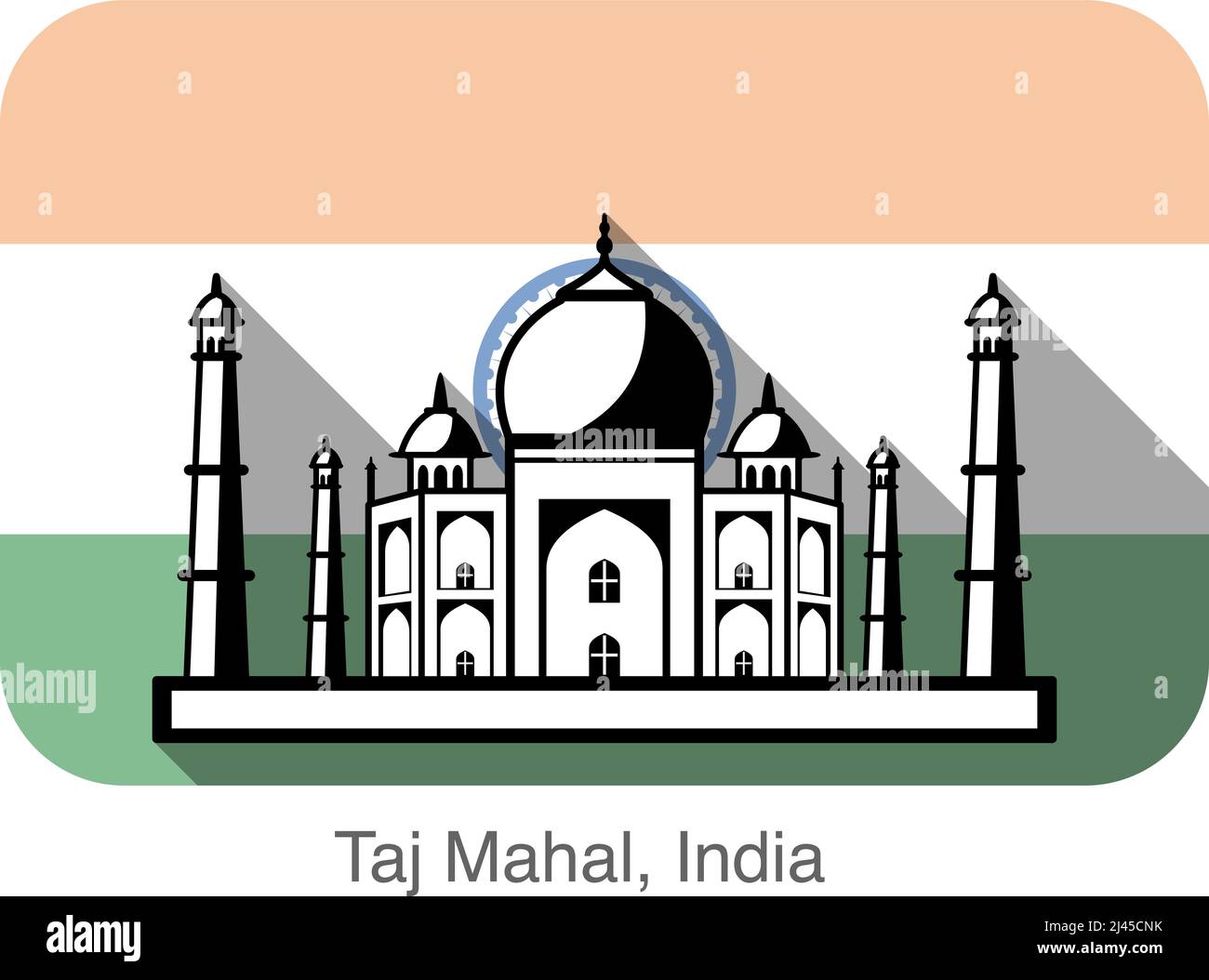 Taj Mahal, Indien, Wahrzeichen flaches Icon-Design, der Hintergrund ist indische Nationalflagge, berühmter landschaftlicher Ort Stock Vektor