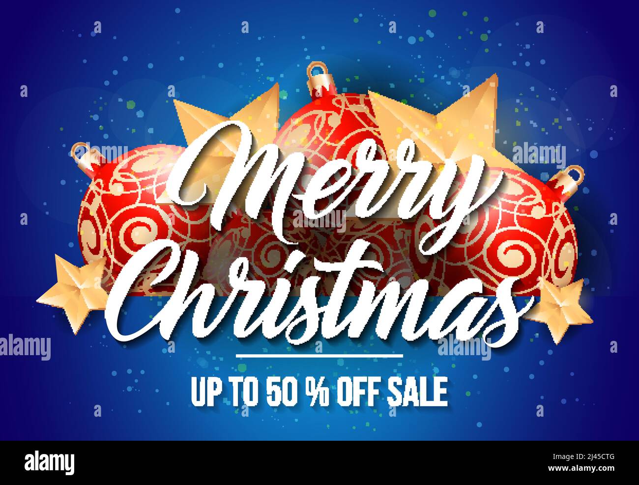 Frohe Weihnachten bis zu 50 % Rabatt Sale-Schriftzug mit Weihnachtskugeln und -Sternen. Handgeschriebener und getippte Text, Kalligraphie. Für Poster, Banner, Stock Vektor