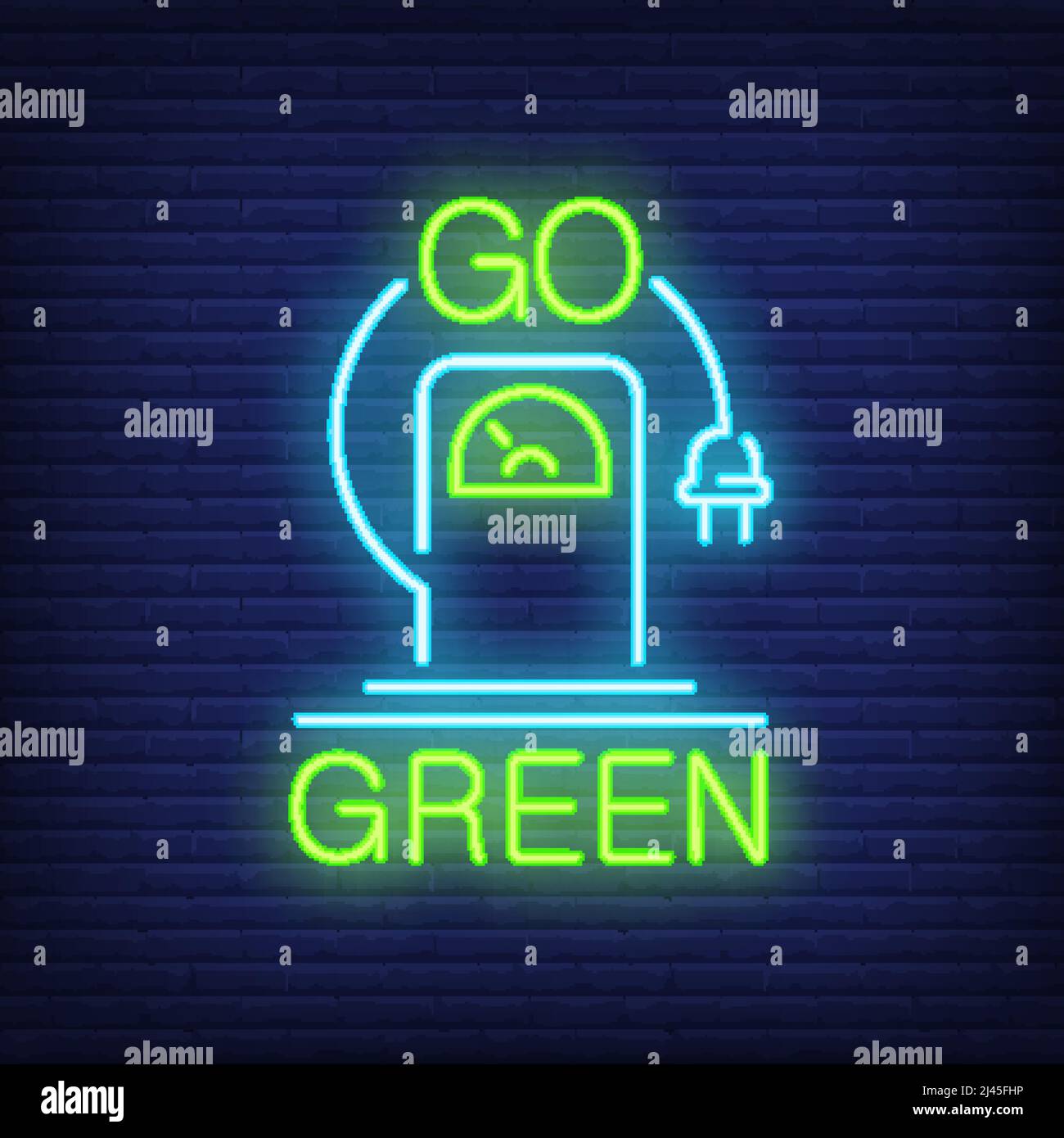 Go Green Neon-Schild. Ladestation für Elektrofahrzeuge mit hängendem Stecker. Nächtliche Werbung. Vektorgrafik in Neon-Stil zum Aufladen an Stock Vektor