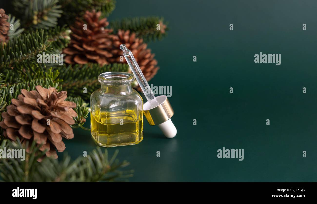 Glasflasche mit einem Tropf mit ätherischem Nadelöl in der Nähe von Tannenzweigen und Tannenzapfen auf Holzstück auf grünem Nahaufnahme. Aromatherapie, Spa und Herba Stockfoto