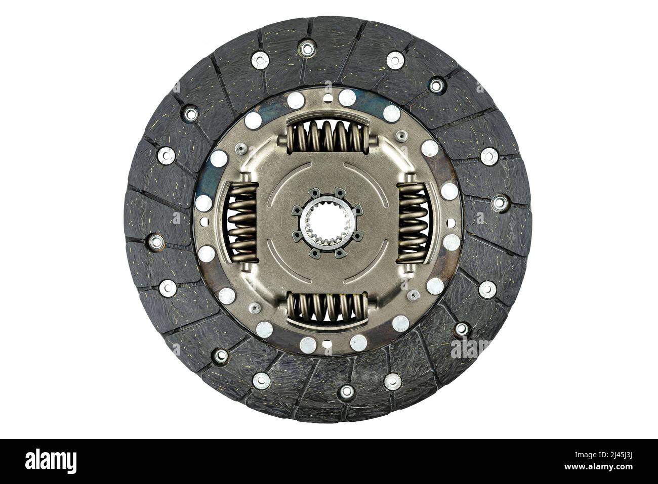 Gebrauchte Autokupplung mit Dämpferfedern und Reibungsbelägen, isoliert auf weißem Hintergrund, Draufsicht. Stockfoto