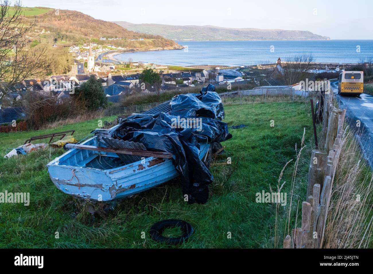 Eine blaue Blüte in einem grünen Feld, wie ein Schulbus vorbeifährt - mit erhöhter Aussicht auf das Meer im malerischen nördlichen Antrim Küstendorf Glenarm. Stockfoto
