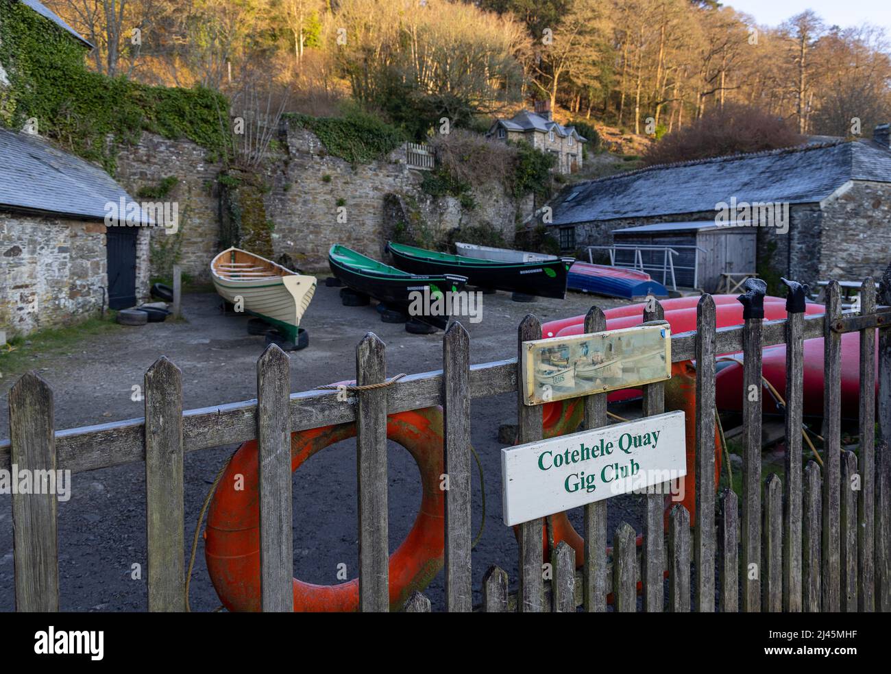 Cornish Pilot Gig Ruderboote des Cotehele Quay Gig Club - Teylu ist von traditioneller Klinkerkonstruktion nach CPGA-Standards Stockfoto