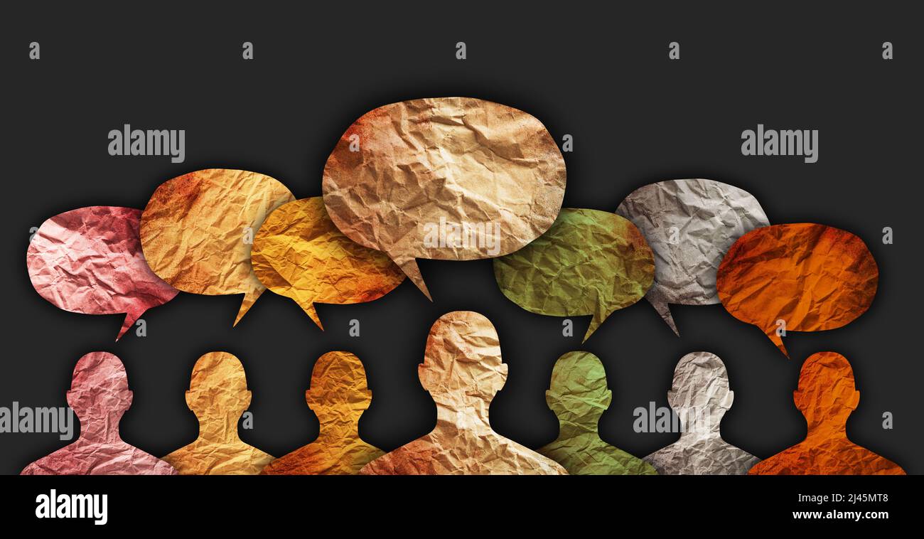 Vielfältige Kulturen, internationales Kommunikationskonzept. Menschliche Silhouette mit Sprechblasen. Stockfoto