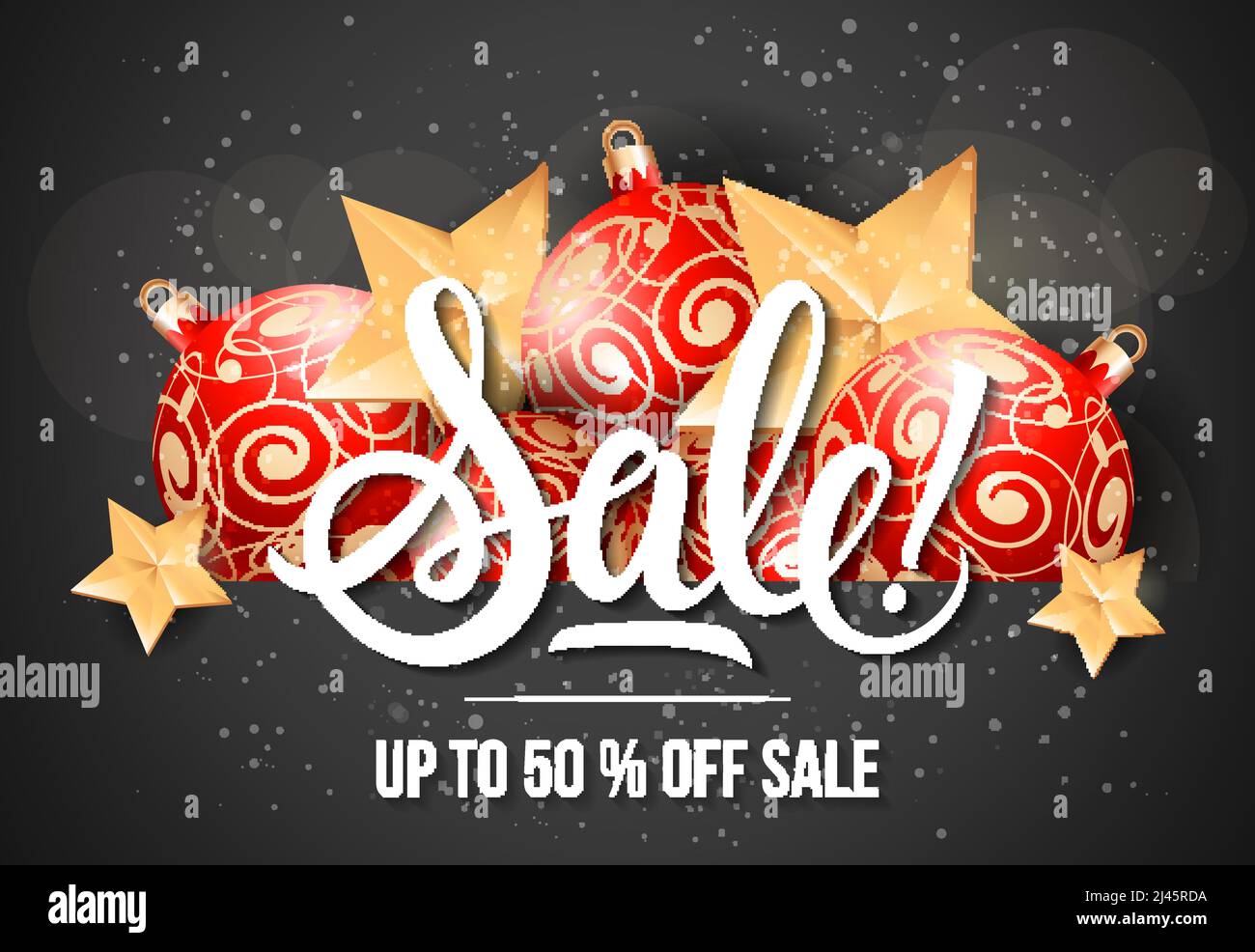 Sale bis zu 50 % Rabatt Sale Schriftzug mit Weihnachtskugeln und -Sternen. Handgeschriebener und getippte Text, Kalligraphie. Für Plakate, Banner, Flugblätter und Stock Vektor