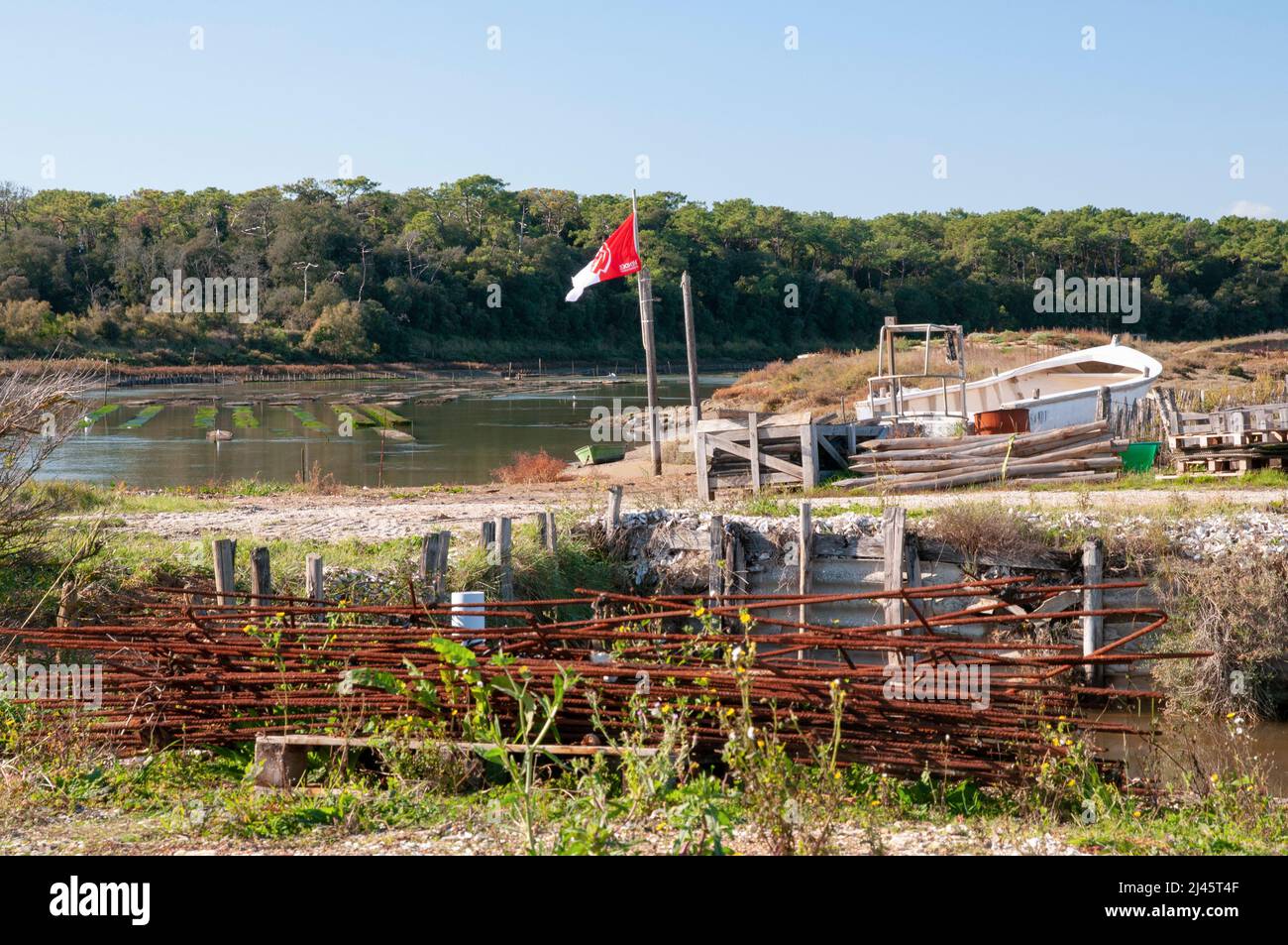 Austernzucht, La Guittiere Sümpfe, Talmont-Saint-Hilaire, Vendee (85), Pays de la Loire Region, Frankreich Stockfoto