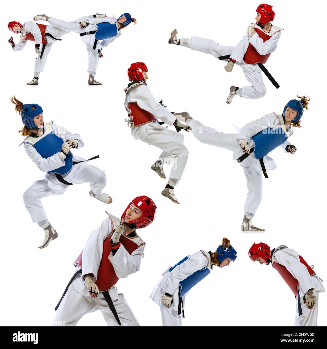 Porträtset von zwei jungen Frauen, Taekwondo-Athleten üben, kämpfen isoliert auf weißem Hintergrund. Stockfoto