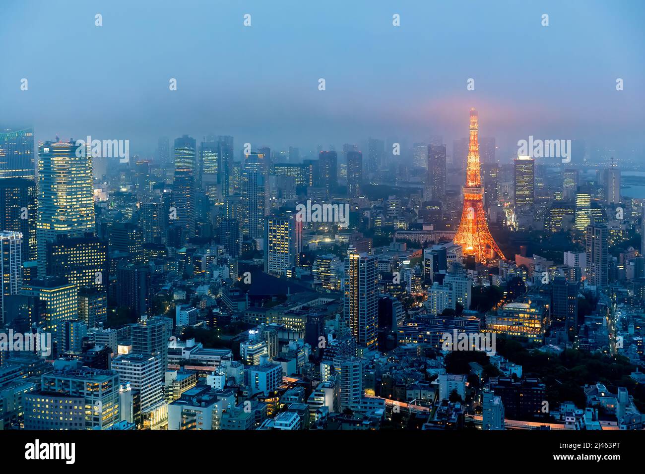 Japan. Tokio. Luftaufnahme des Tokyo Tower in der Abenddämmerung Stockfoto