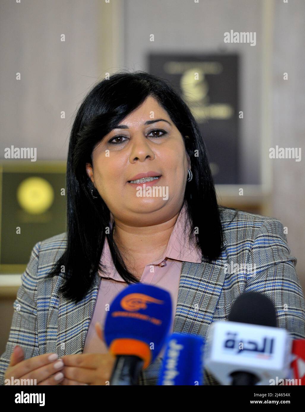 Die Präsidentin der Partei der Freien Verfassung (PDL), Abir Moussi, veranstaltete am 12. April 2022 eine Pressekonferenz, um ihre Vision und ihre rechtlichen Maßnahmen angesichts der aktuellen Entwicklungen im zentralen Hauptquartier der Partei in Tunis, Tunesien, vorzustellen. (Foto von Yassine Mahjoub/Sipa USA) Stockfoto
