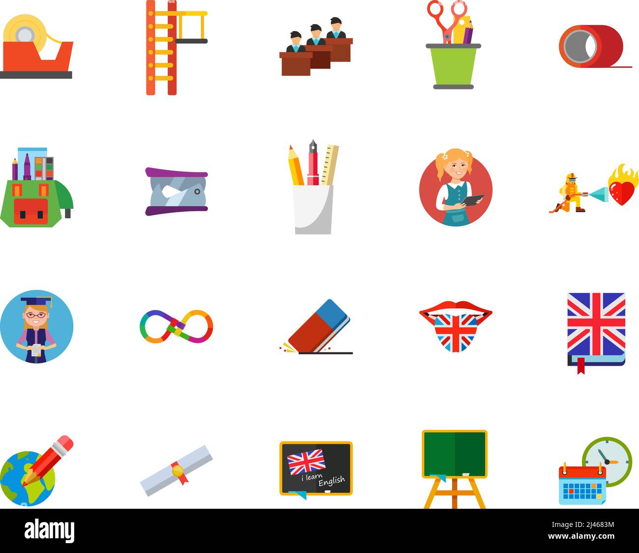 Bildungssymbol eingestellt. Kann für Themen wie Vorrat, Klasse, Schüler, Hausaufgaben verwendet werden Stock Vektor