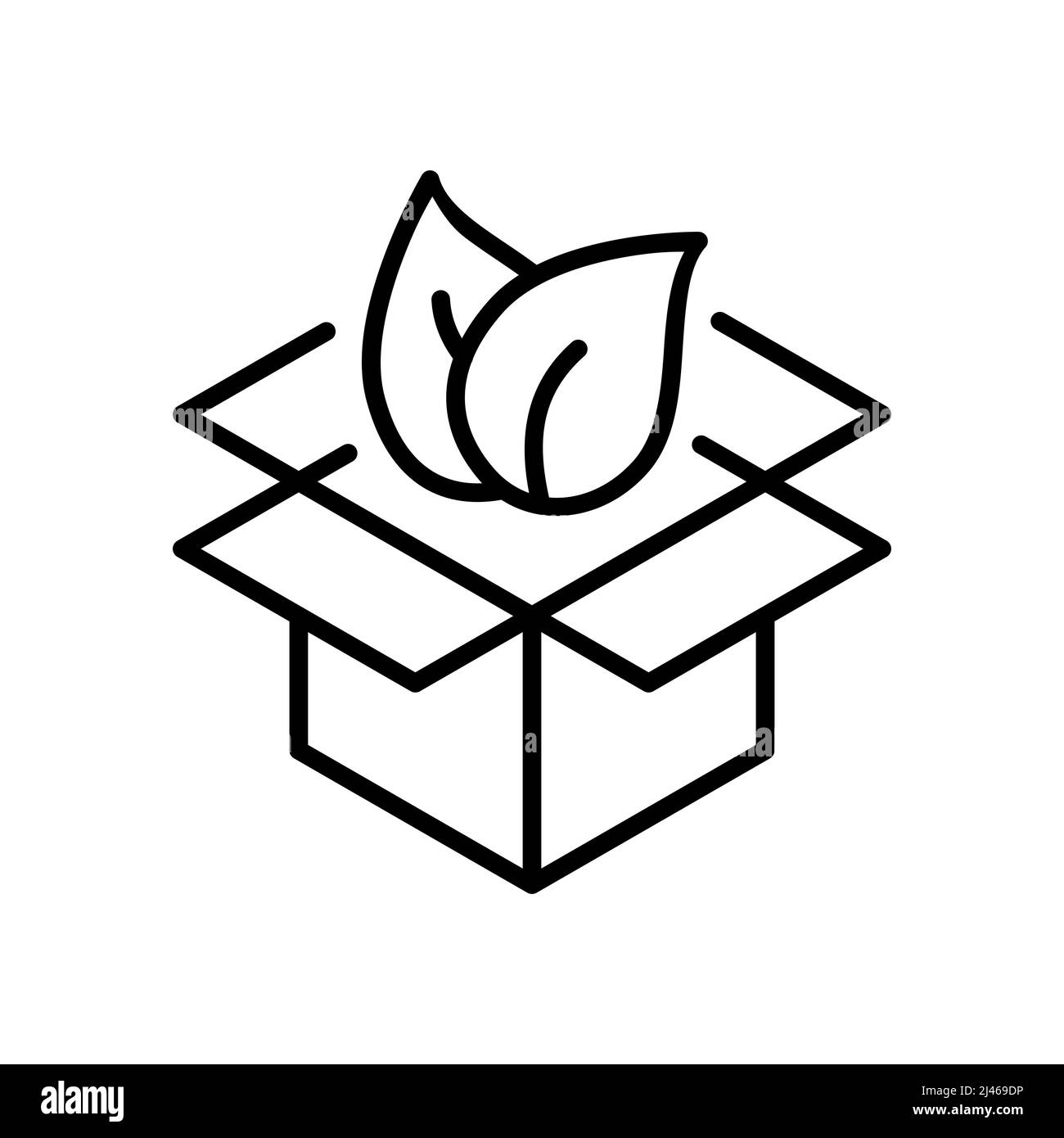 Symbol für biologisch abbaubare Verpackungslinie. Karton mit Blättern umrandet. Umweltfreundliches Paket. Nachhaltige Verpackung. Recyceltes Material. Vektor Stock Vektor